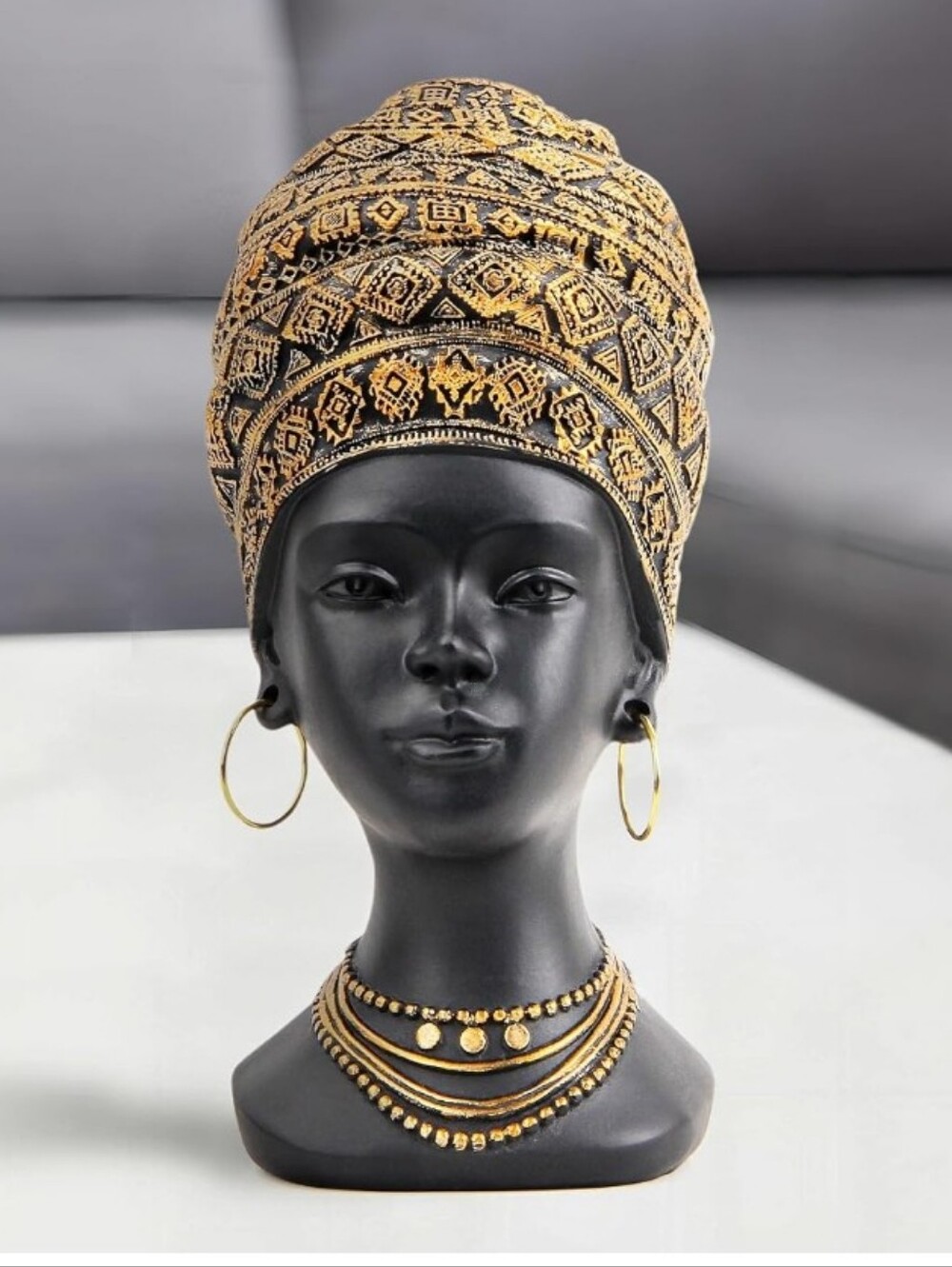 Black Bust Jewelry Display with Gold Patterned Headwrap